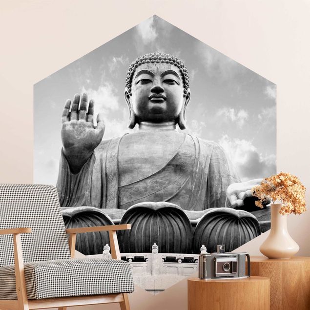 Carta da parati per centro benessere Grande Buddha in bianco e nero