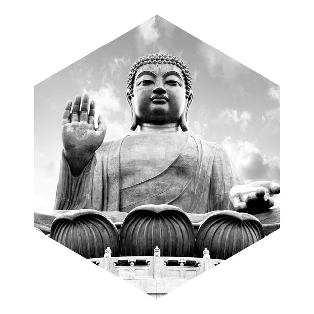 Carta da parati esagonale adesiva con disegni - Grande Buddha in bianco e nero