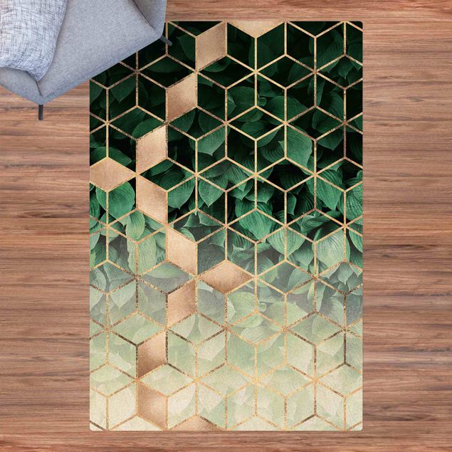 Tappeti bagno moderni Foglie verdi Geometria dorata