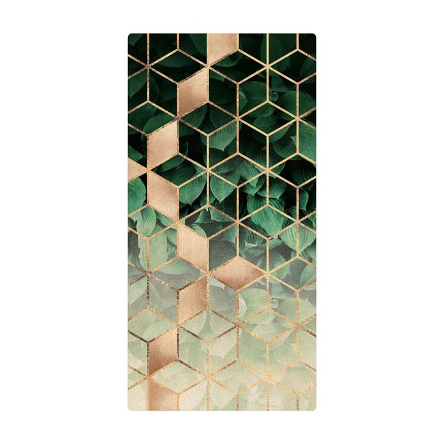 Tappetino di sughero - Foglie verdi in geometria dorata - Formato verticale 1:2