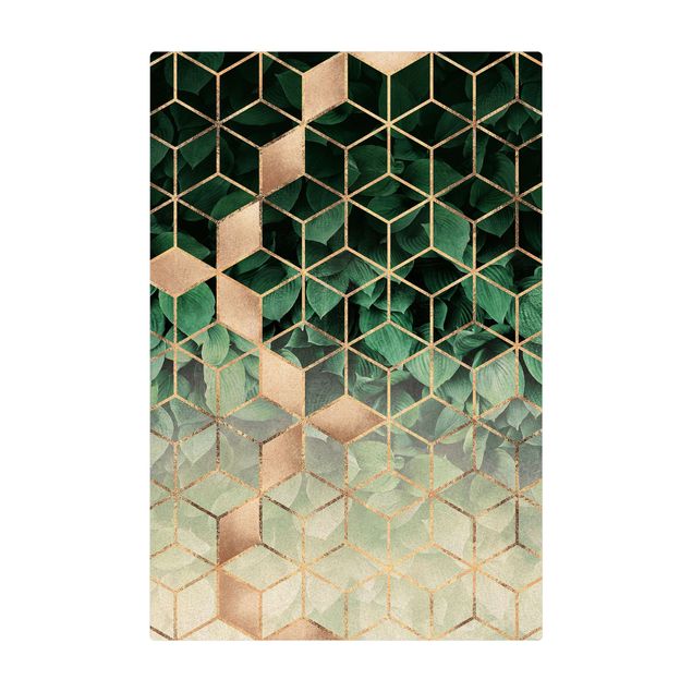 Tappetino di sughero - Foglie verdi in geometria dorata - Formato verticale 2:3