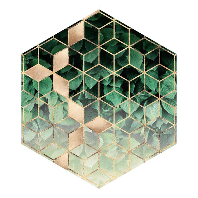 Carta da parati esagonale adesiva con disegni - Foglie verdi in geometria dorata