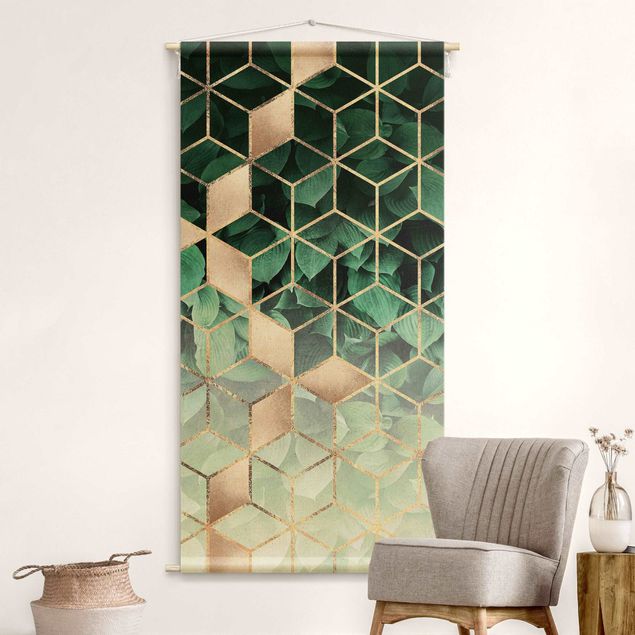 Arazzi da parete xxl Foglie verdi in geometria dorata