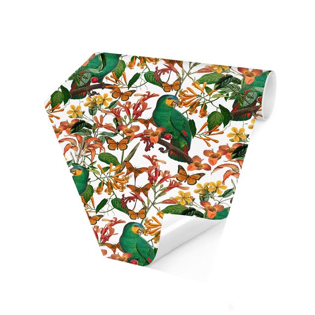 Carta da parati esagonale adesiva con disegni - Pappagalli verdi con farfalle tropicali