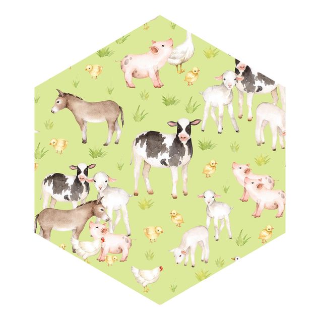 Carta da parati esagonale adesiva con disegni - Prati verdi con mucche e galline