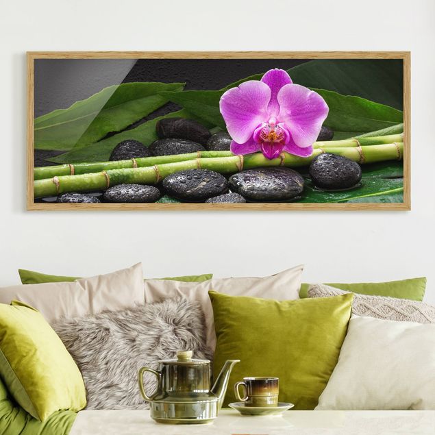 Poster con cornice - Bambù verde con fioritura di orchidee