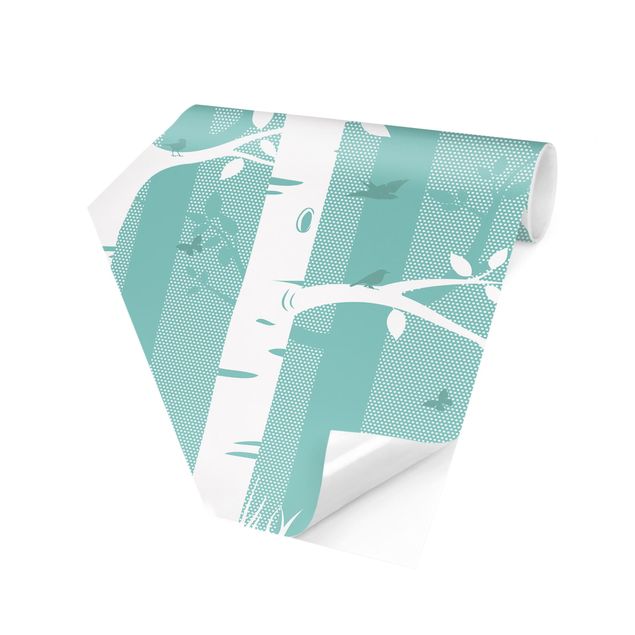 Carta da parati esagonale adesiva con disegni - Bosco verde di betulle con farfalle e uccelli