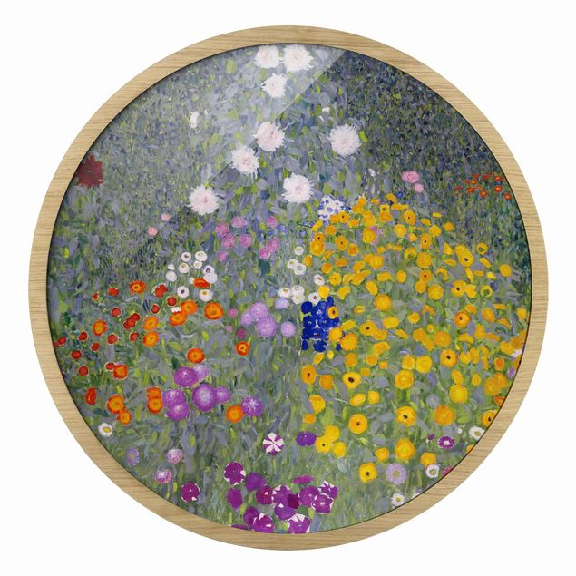 Quadro rotondo incorniciato - Gustav Klimt - Giardino fiorito
