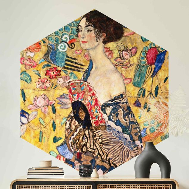 Carta da parati esagonale adesiva con disegni - Gustav Klimt - Signora con ventaglio