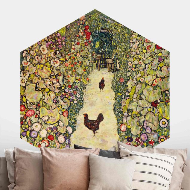 Carta da parati esagonale Gustav Klimt - Sentiero del giardino con galline