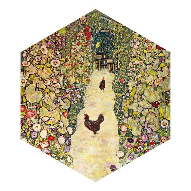 Carta da parati esagonale adesiva con disegni - Gustav Klimt - Giardino con galline