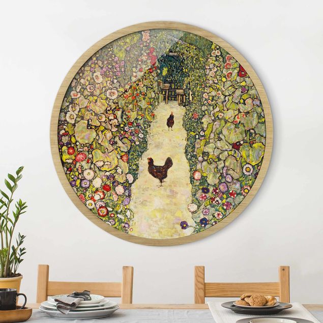 Poster con cornice rotonda Gustav Klimt - Sentiero del giardino con galline