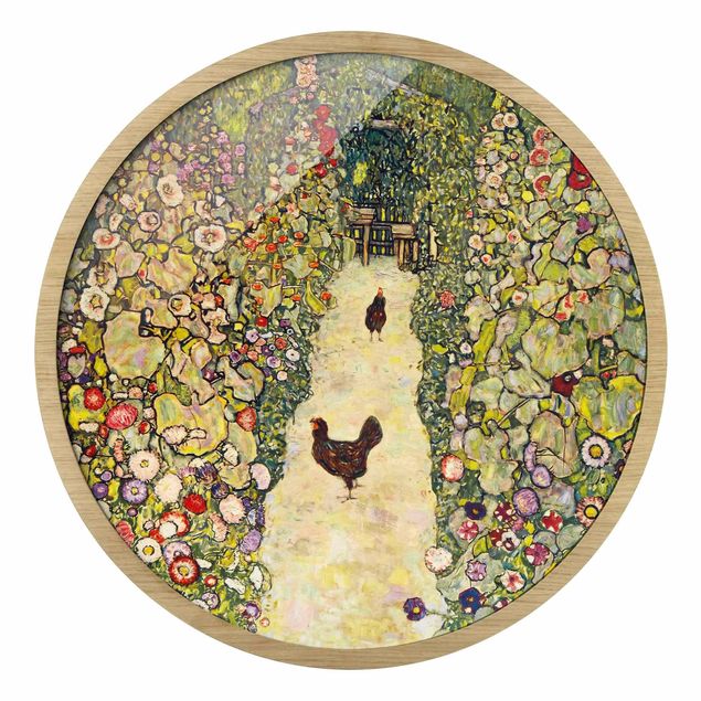 Quadro rotondo incorniciato - Gustav Klimt - Giardino con galline