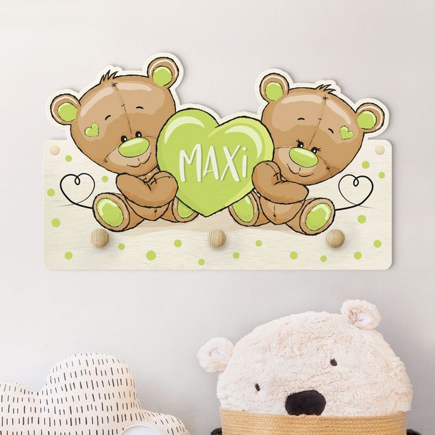Appendiabiti per bambini - Cuore e orso con con nome personalizzato in verde
