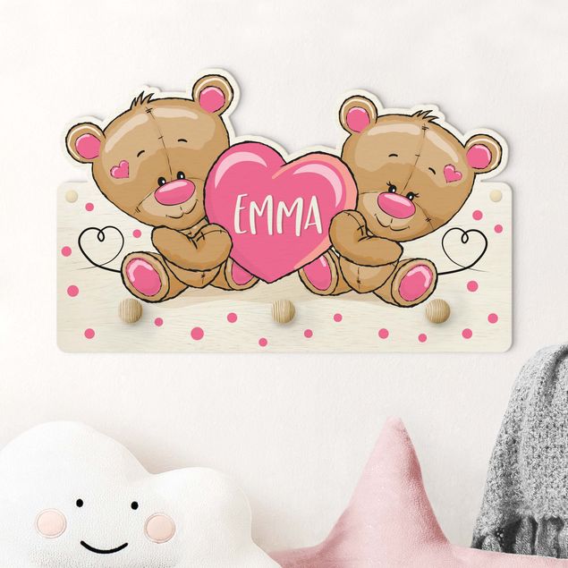 Appendiabiti per bambini - Cuore e orso con con nome personalizzato in rosa