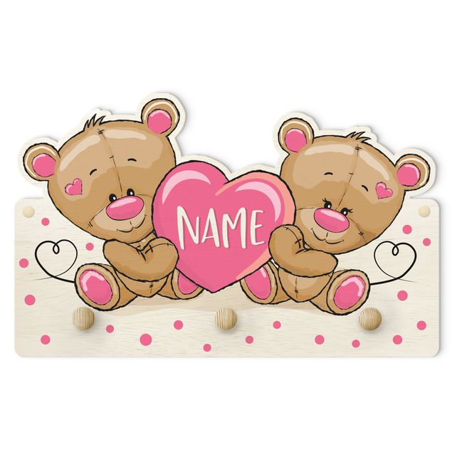 Appendiabiti per bambini - Cuore e orso con con nome personalizzato in rosa