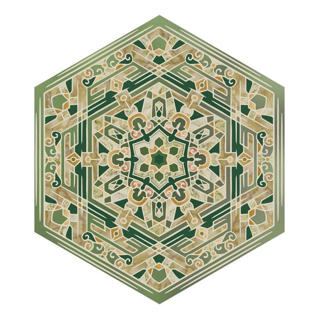 Carta da parati esagonale adesiva con disegni - Mandala esagonale in verde con oro