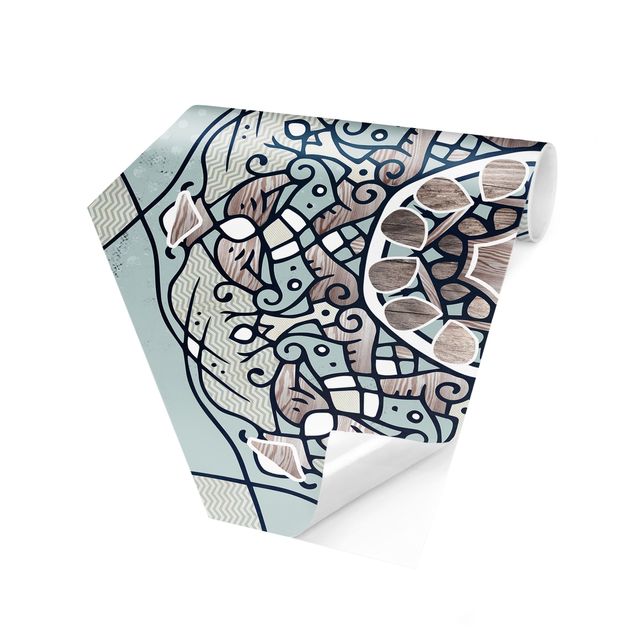 Carta da parati esagonale adesiva con disegni - Mandala esagonale in azzurro