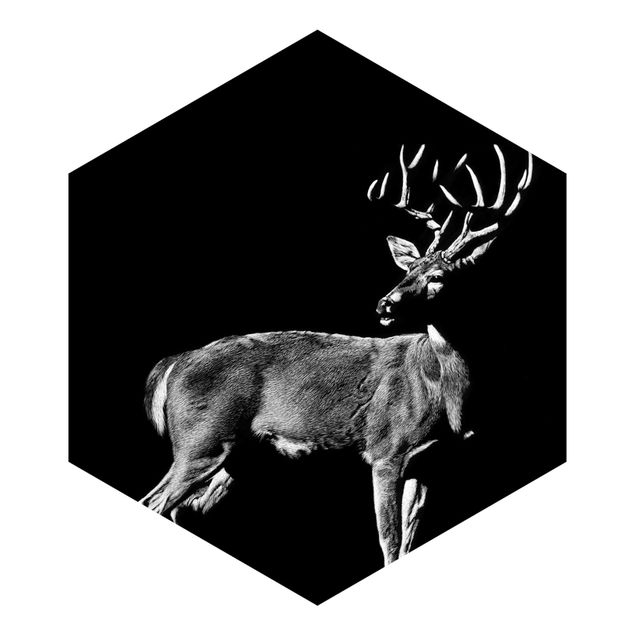 Carta da parati esagonale adesiva con disegni - Cervo su sfondo nero
