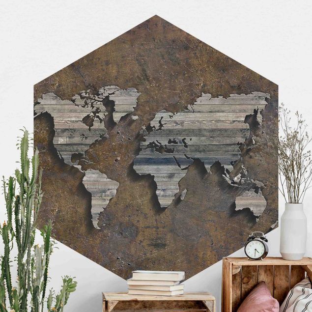 Carta da parati esagonale Mappa del mondo con griglia di legno