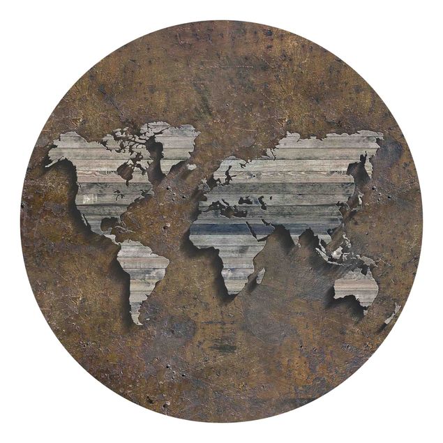 Carta da parati rotonda autoadesiva - griglia di legno mappa del mondo