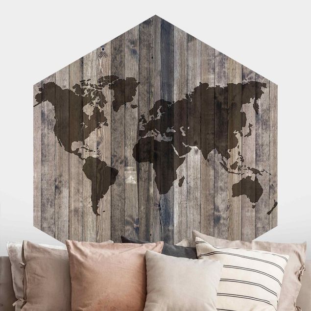 Carta da parati esagonale Mappa del mondo in legno
