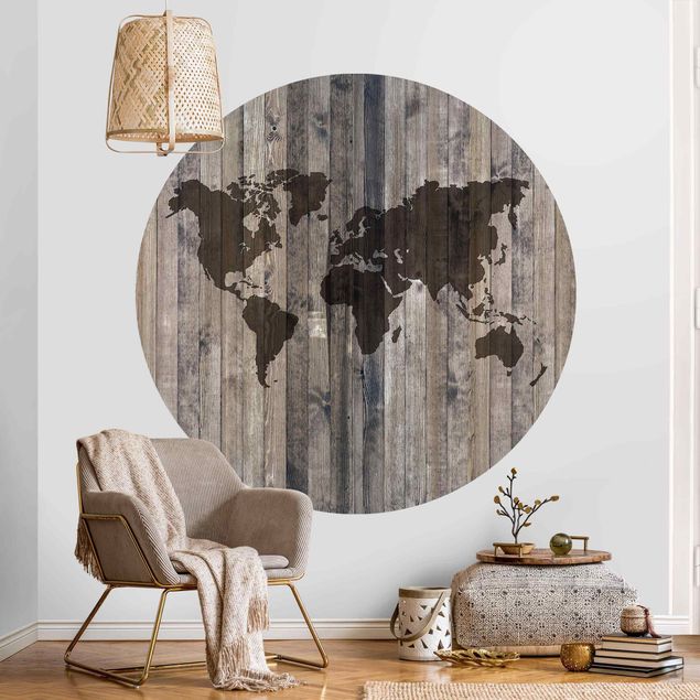 Fotomurale rotondo Mappa del mondo in legno