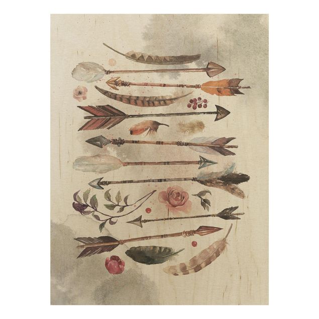 Quadro in legno - Boho Arrows And Feathers - Watercolor- Verticale 3:4