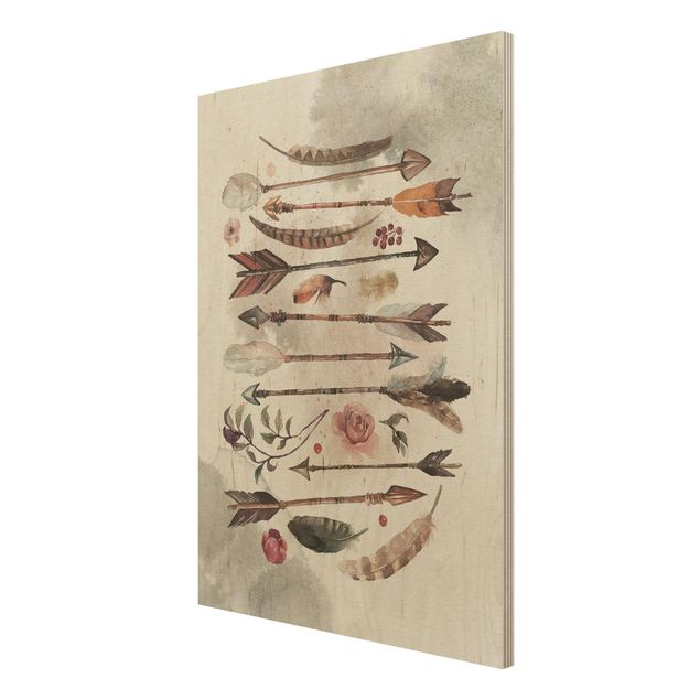 Quadro in legno - Boho Arrows And Feathers - Watercolor- Verticale 3:4
