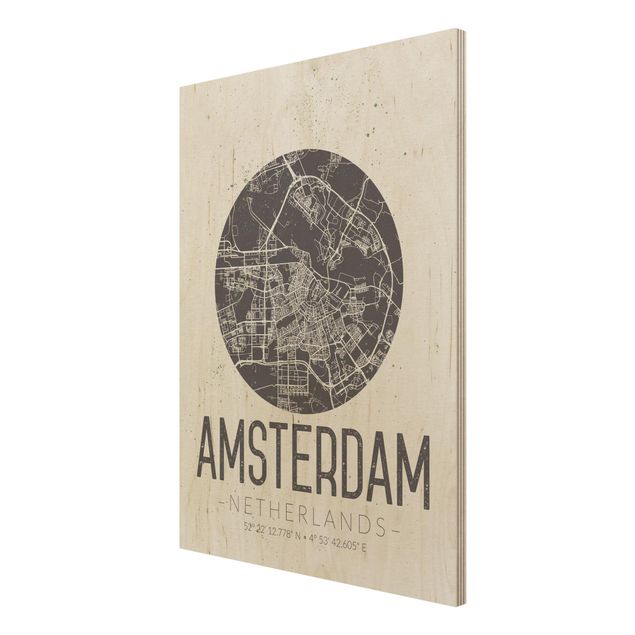 Quadro in legno - Amsterdam City Map - Retro- Verticale 3:4