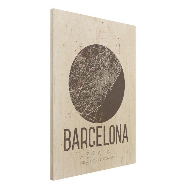 Quadro in legno - Barcelona City Map - Retro- Verticale 3:4