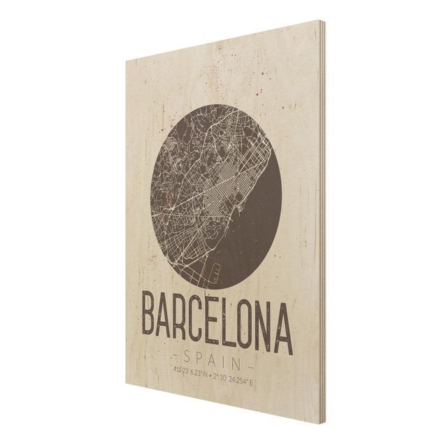 Quadro in legno - Barcelona City Map - Retro- Verticale 3:4