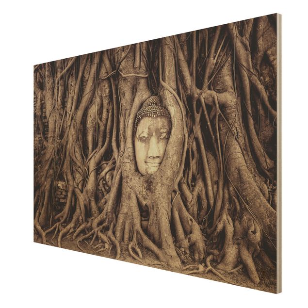 Quadro in legno - Buddha in Ayutthaya lined by tree roots in black-and-white - Orizzontale 3:2