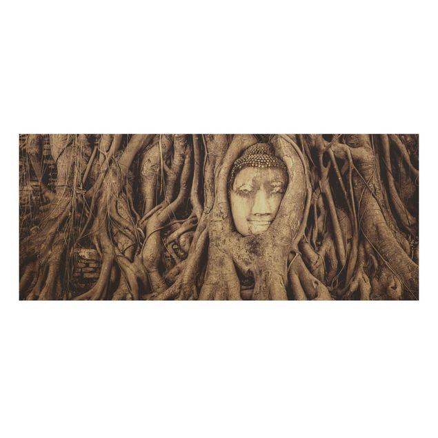 Quadro in legno - Buddha in Ayutthaya lined by tree roots in brown - Panoramico