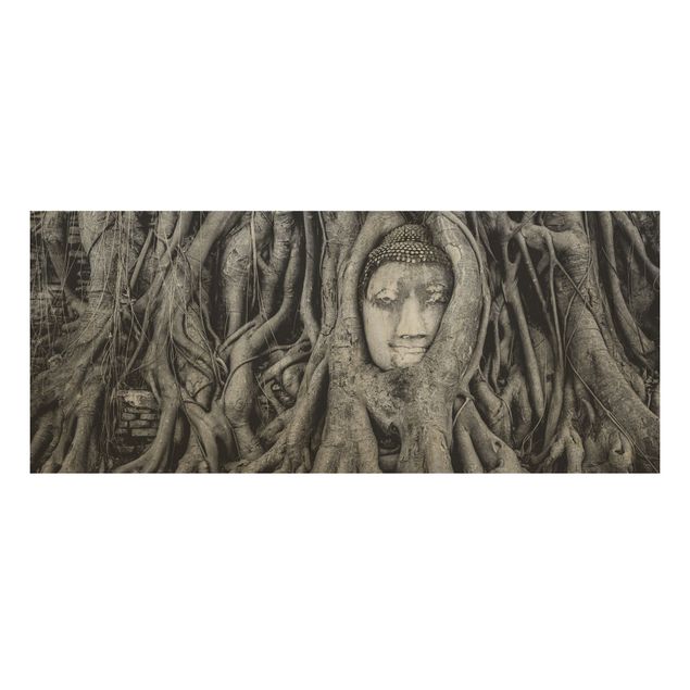 Quadro in legno - Buddha in Ayutthaya lined by tree roots in black-and-white - Panoramico