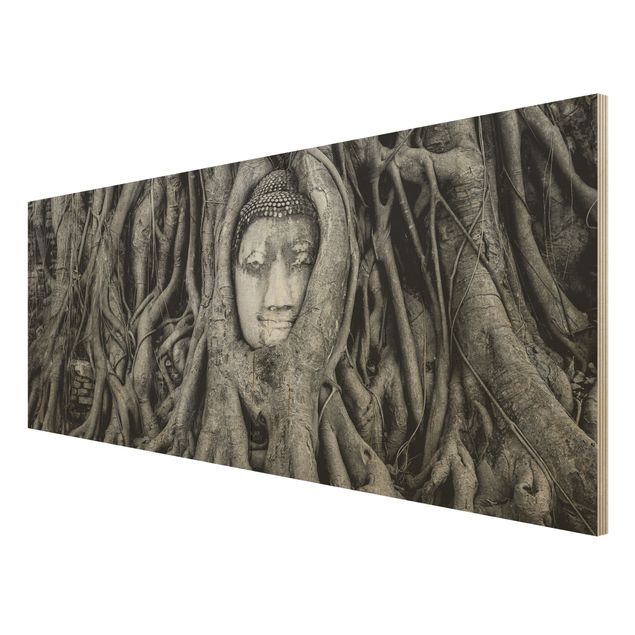 Quadro in legno - Buddha in Ayutthaya lined by tree roots in black-and-white - Panoramico