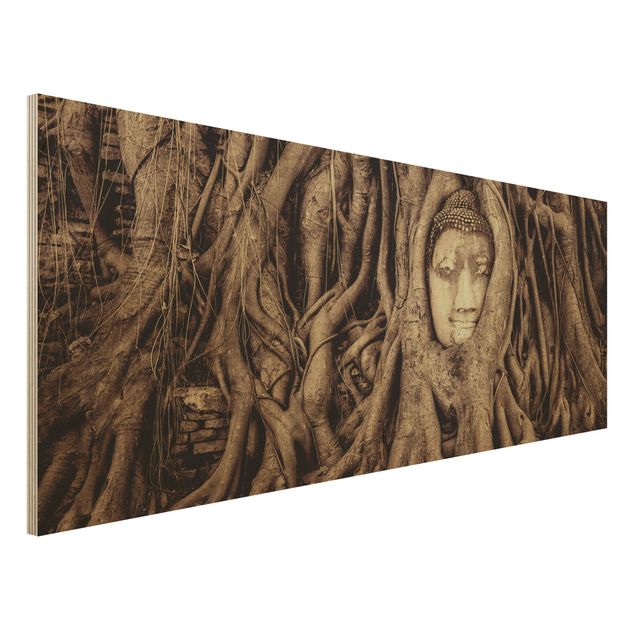 Quadro in legno - Buddha in Ayutthaya lined by tree roots in brown - Panoramico