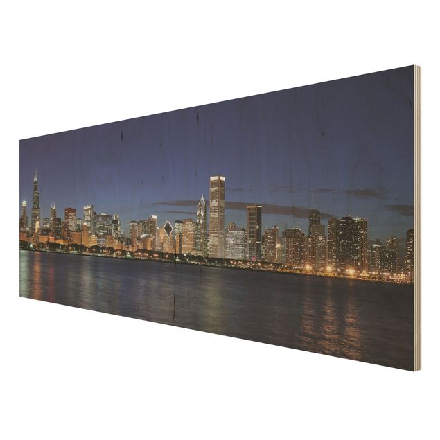 Quadro in legno - Chicago skyline at night - Panoramico