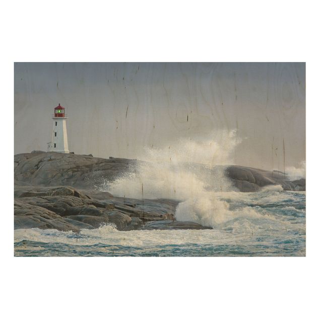 Quadro in legno - Storm Waves At The Lighthouse - Orizzontale 3:2