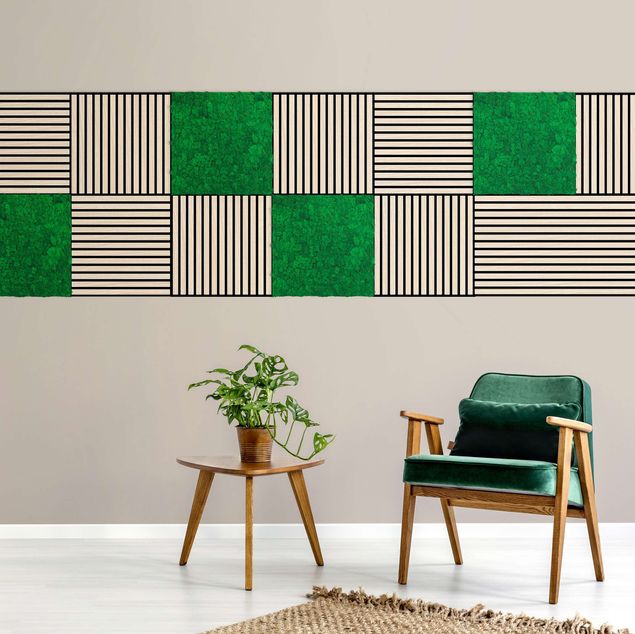 Poster da parete Parete in legno rovere chiaro e parete di muschio verde abete - Collage a parete