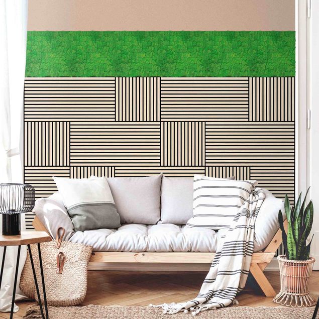 Poster da parete Parete in legno rovere chiaro e parete di muschio verde erba - Collage a parete