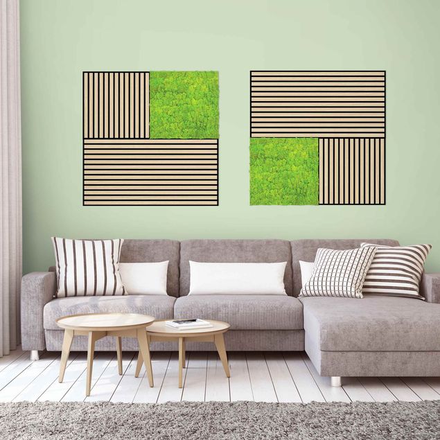 Composizione quadri parete Parete in legno rovere naturale e parete di muschio verde mela - Collage a parete