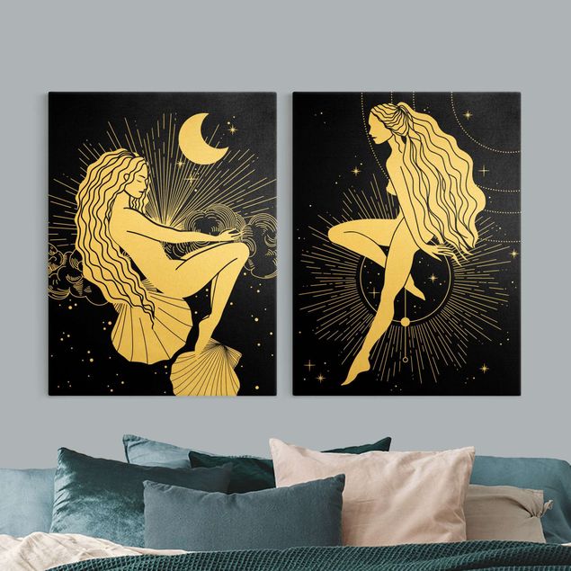 Stampa su tela 2 parti - Illustrazione - Sognatrice sul mare e ballerina tra le stelle
