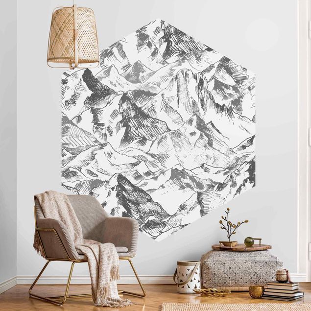Fotomurale esagonale autoadesivo - Illustrazione di paesaggio montano in grigio
