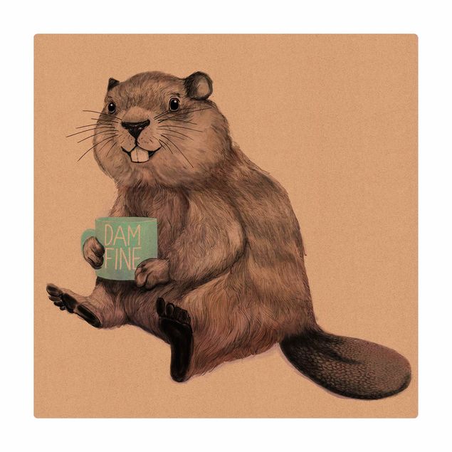Tappetino di sughero - Illustrazione di castoro con tazza di caffè - Quadrato 1:1