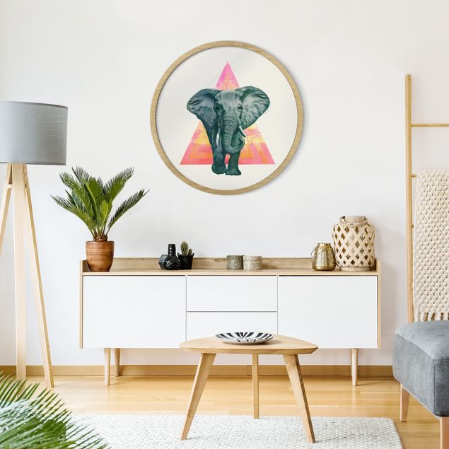Quadro rotondo incorniciato - Illustrazione di elefanti davanti a dipinto a triangoli