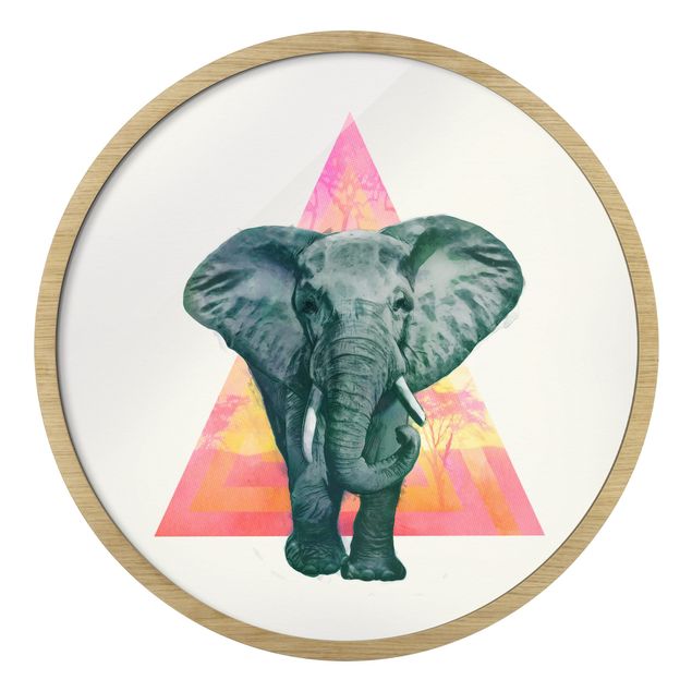 Quadro rotondo incorniciato - Illustrazione di elefanti davanti a dipinto a triangoli