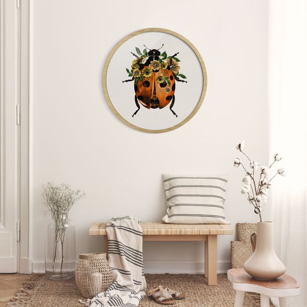 Poster con cornice rotonda Illustrazione Coccinella floreale
