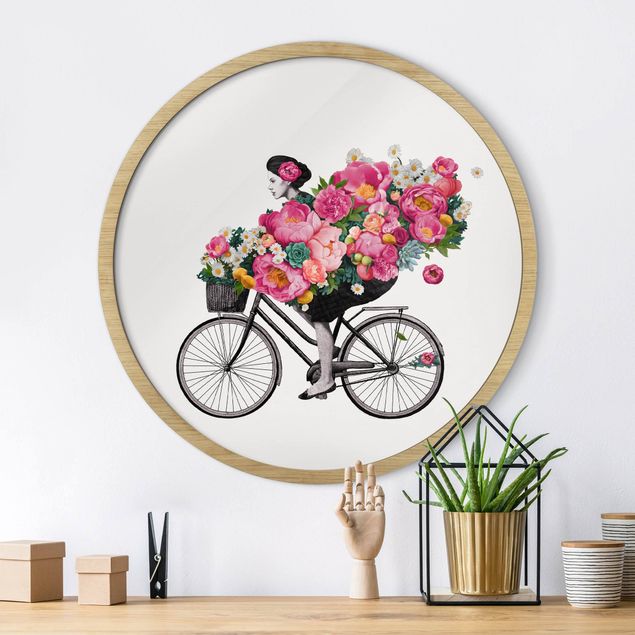 Poster con cornice rotonda Illustrazione - Donna in bicicletta - Collage di fiori colorati