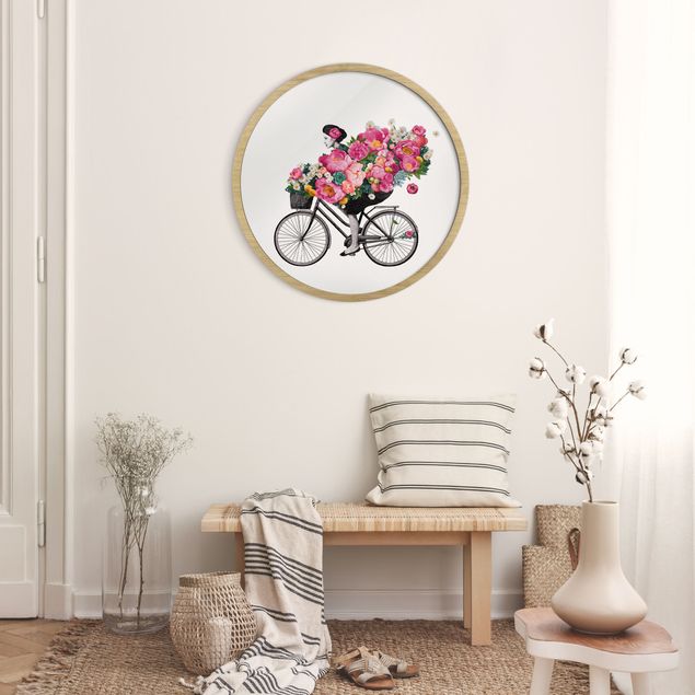 Quadro rotondo incorniciato - Illustrazione di donna in bici collage di fiori colorati